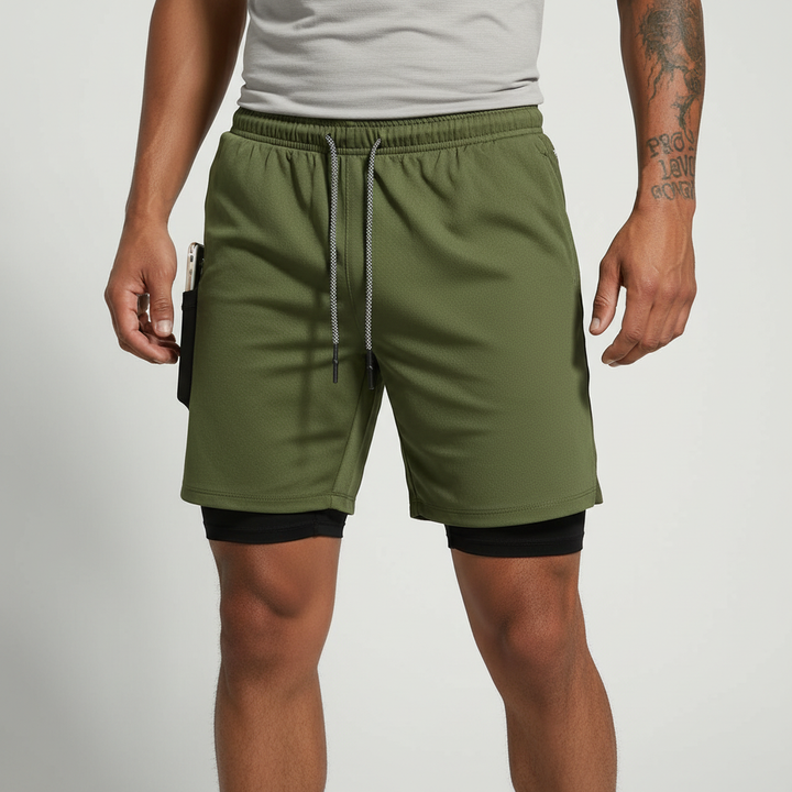 Back view of men's performance shorts, RunVibeX double-layer design for athletic movement.