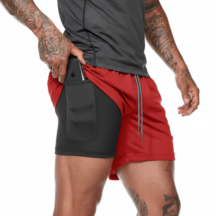Men's RunVibeX training shorts: Lightweight, dual-layer design with compression & a secure phone pocket.