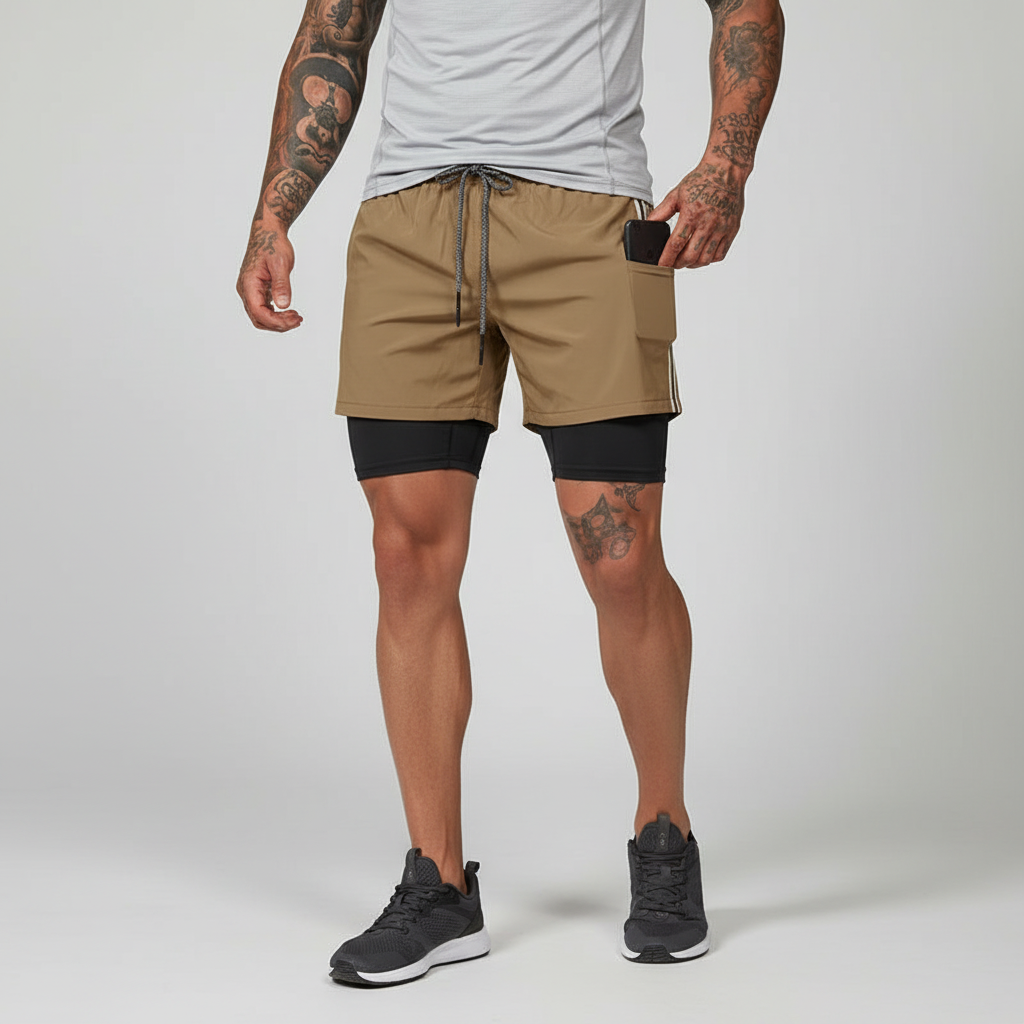 Versatile men's active shorts, RunVibeX double-layer with compression liner & secure phone pocket for gym.
