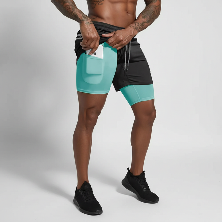 Black men's activewear shorts, double-layer for gym workouts & running, with secure phone pocket.