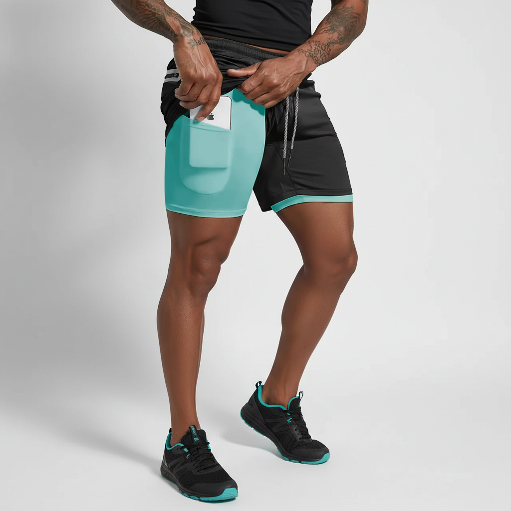 Front view: Men's athletic shorts, RunVibeX double-layer with integrated compression liner, ideal for fitness.