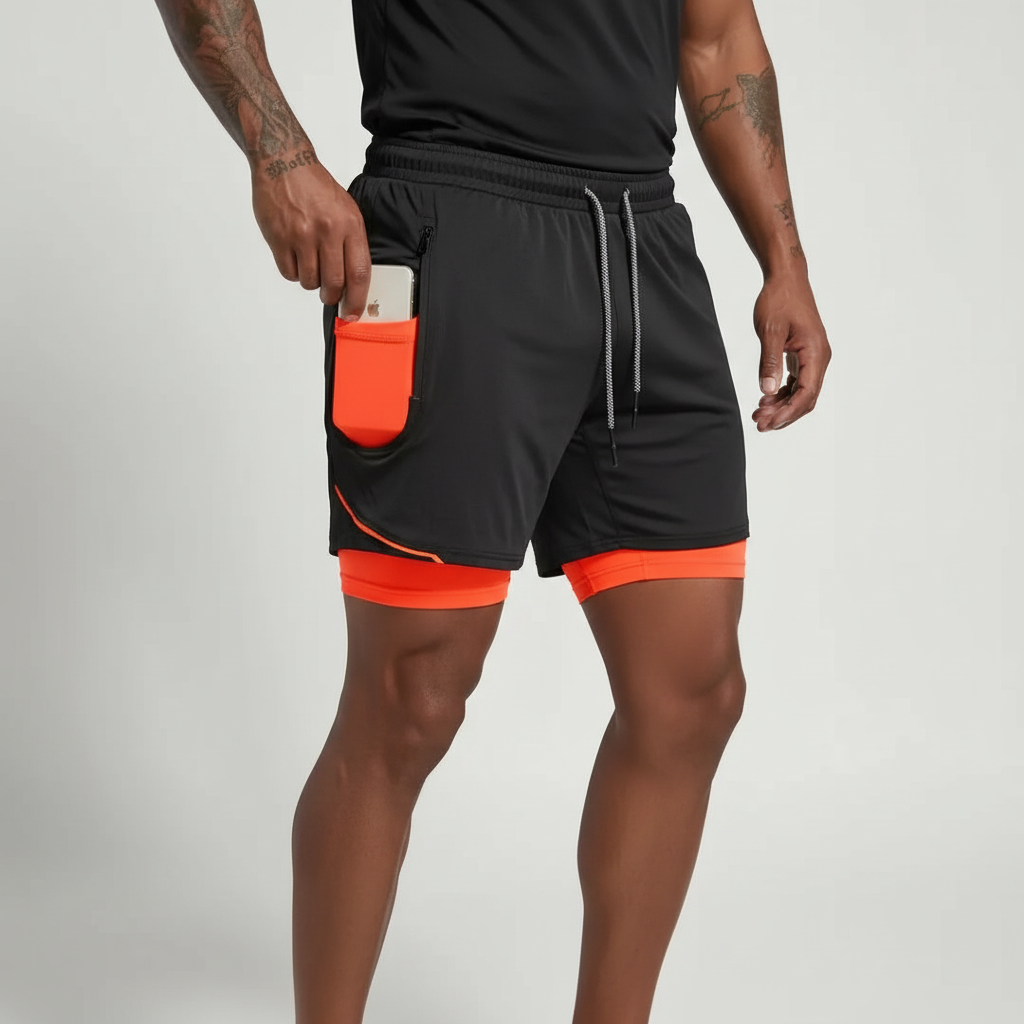 Side profile: Men's workout gear, RunVibeX running shorts showing phone pocket access & stretch fabric.