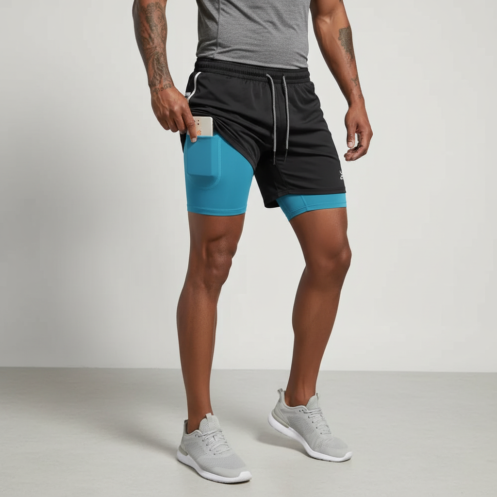 Detail of the secure phone pocket in men's RunVibeX dual-layer active running shorts.