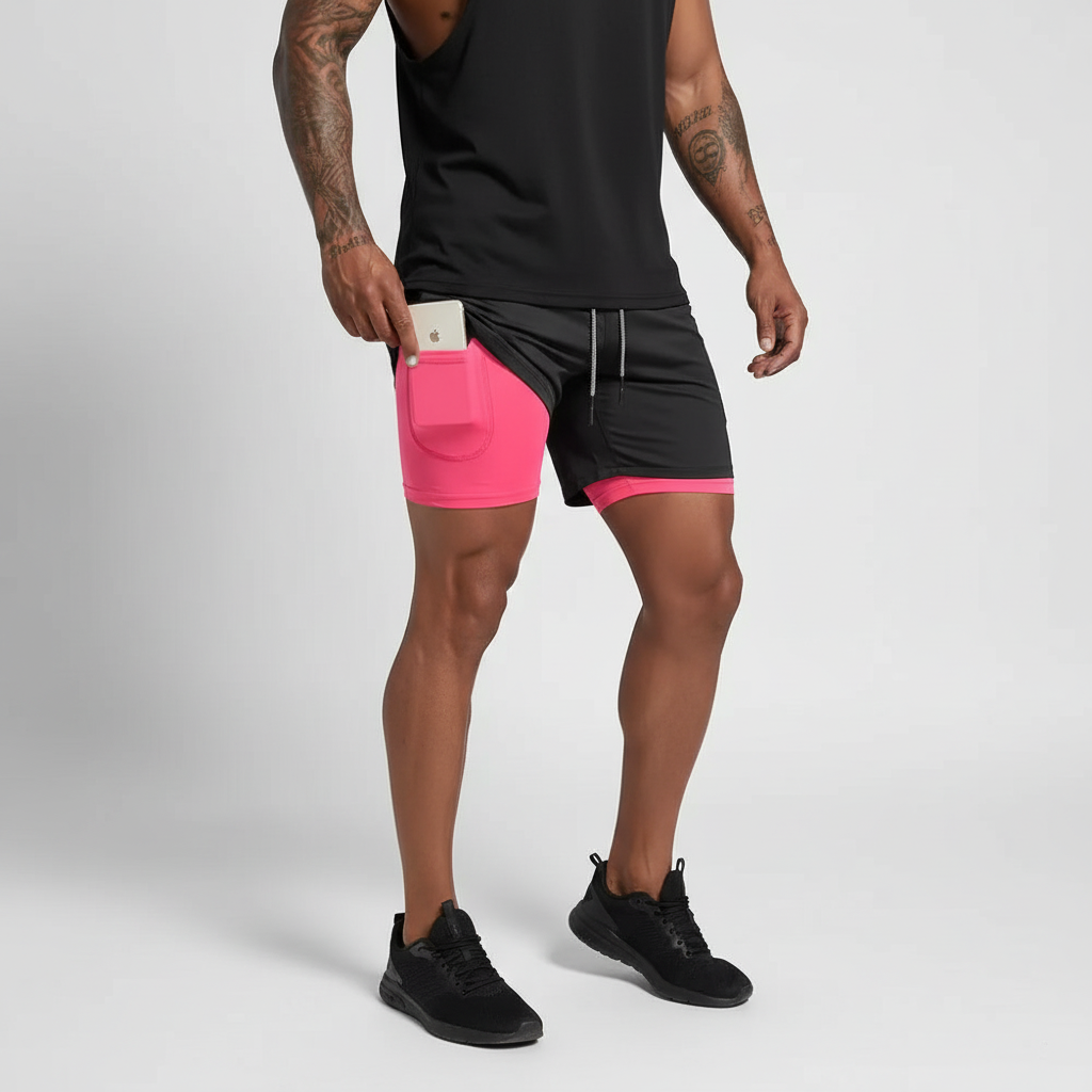 Men's sportswear: RunVibeX dual-layer gym shorts designed for maximum comfort & performance.