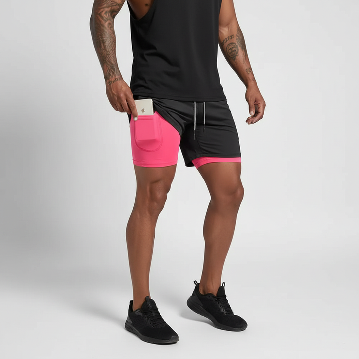 Men's sportswear: RunVibeX dual-layer gym shorts designed for maximum comfort & performance.