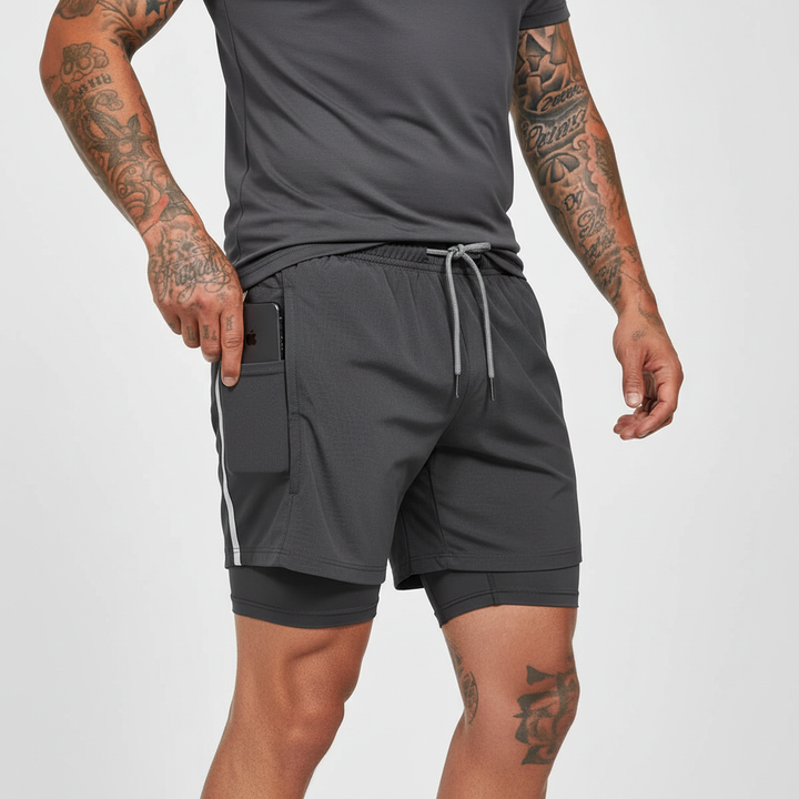 RunVibeX men's athletic shorts in action, perfect for running, fitness & intense workouts.