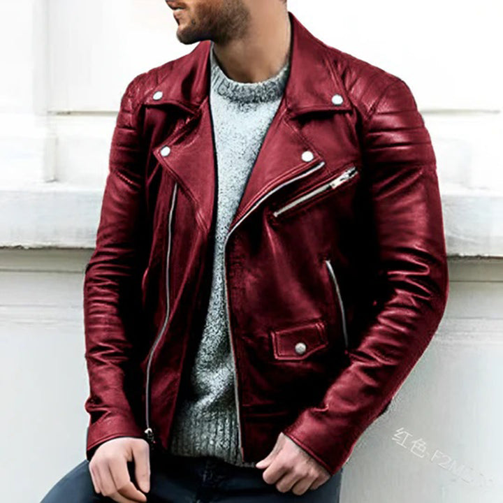 Stylish men's leather biker jacket with prominent zipper closure. A versatile piece for casual or formal autumn/winter fashion.
