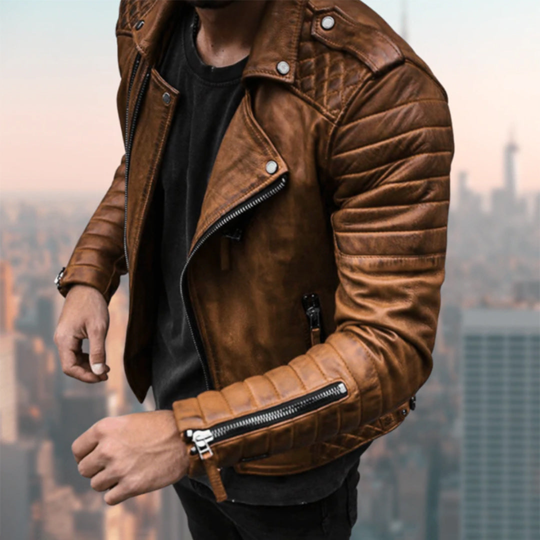 Fashionable men's Ryder leather biker jacket. Durable outerwear offering classic style and comfort for everyday men's wear.
