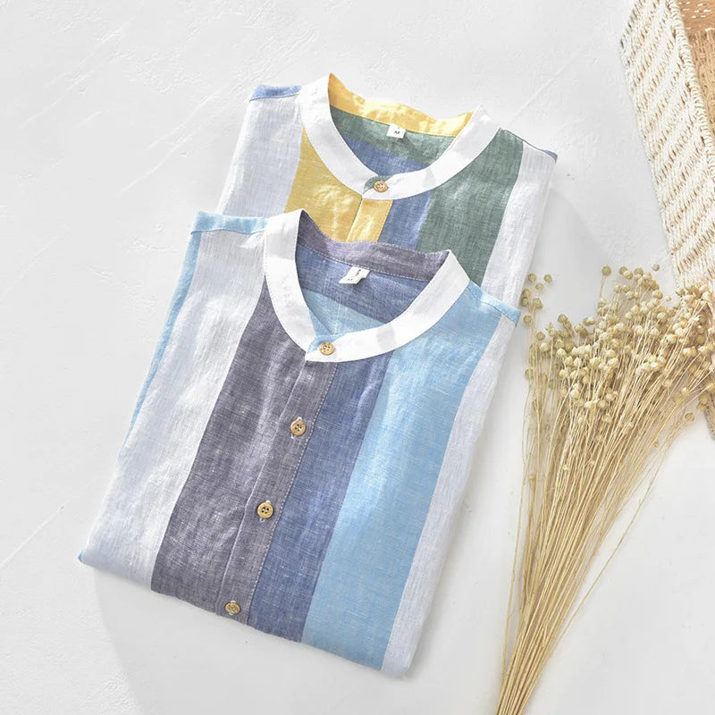 Comfortable short sleeve men's Santorini button-down shirt, versatile for casual, beach, and resort wear.