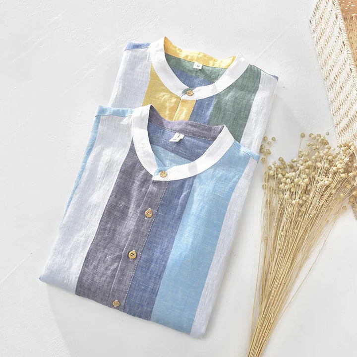 Comfortable short sleeve men's Santorini button-down shirt, versatile for casual, beach, and resort wear.