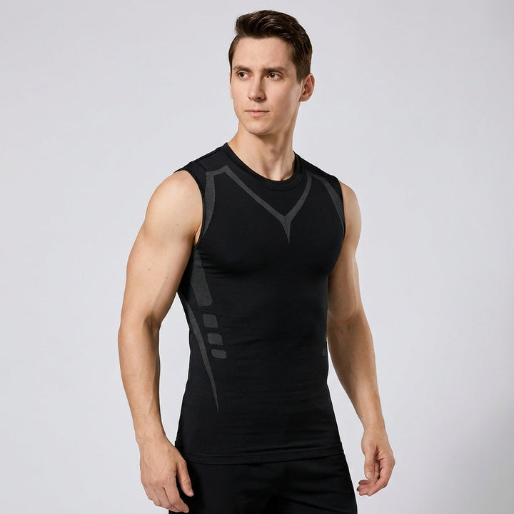Men's seamless compression tank top laid flat, displaying its ergonomic design for activewear