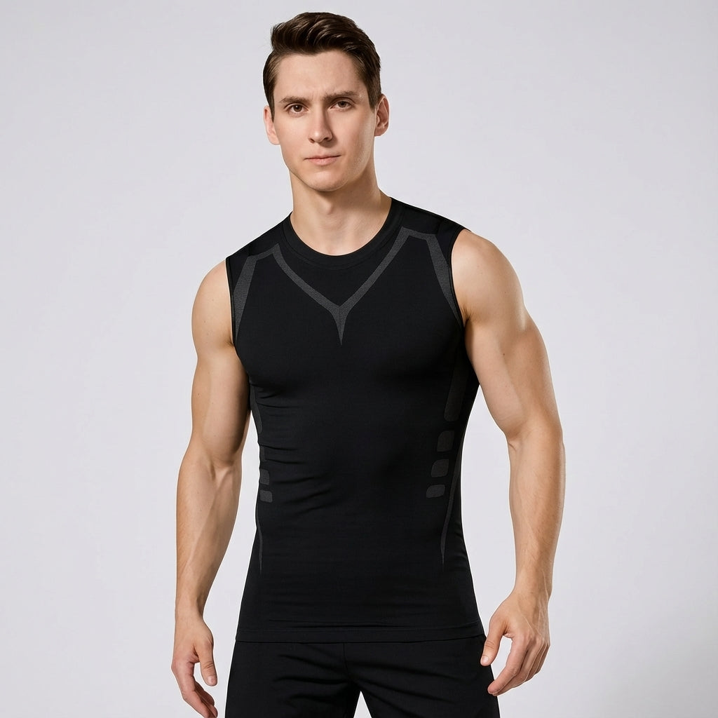 Dynamic shot of a man stretching in a seamless compression tank top, highlighting freedom of movement