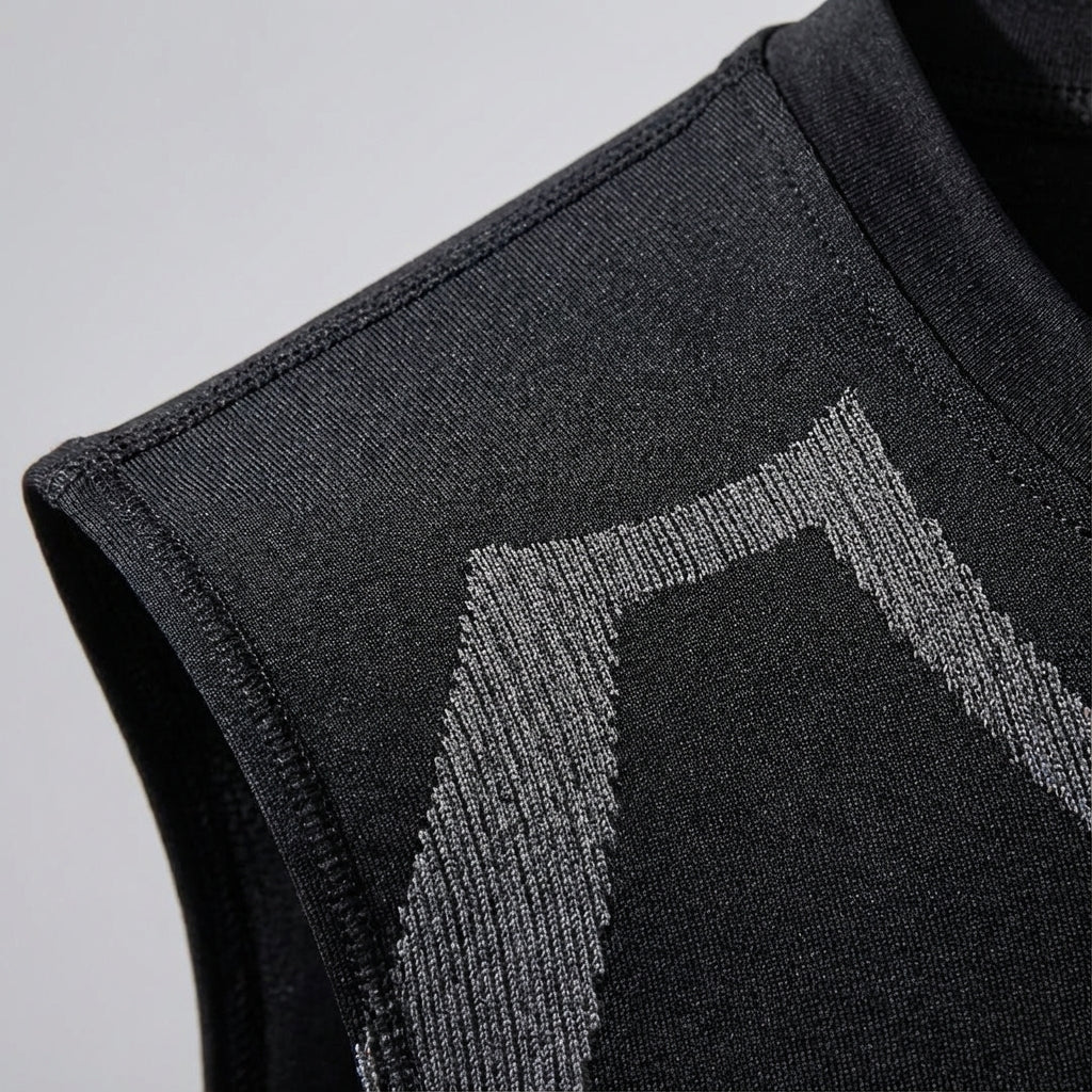 Close-up of seamless knit fabric on men's compression tank top, highlighting comfort and elasticity