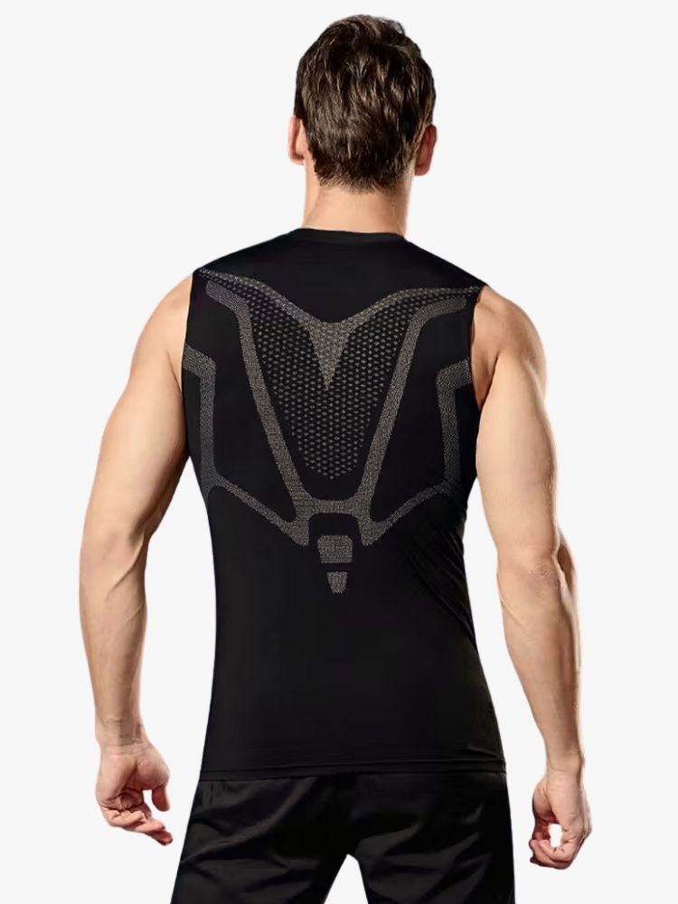 Man wearing a black seamless compression tank top during a workout, showcasing its athletic fit