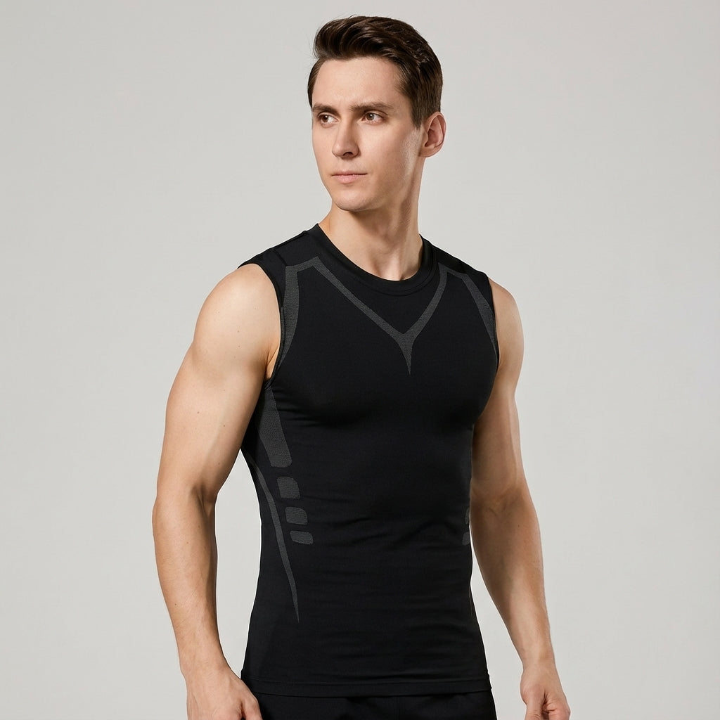 Back view of a man wearing an Alfonso seamless compression tank top, emphasizing posture support