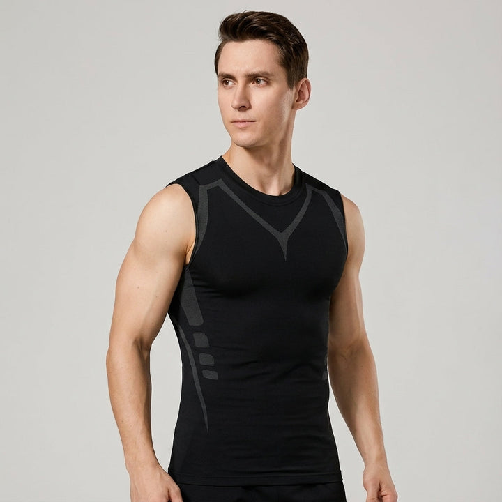 Back view of a man wearing an Alfonso seamless compression tank top, emphasizing posture support