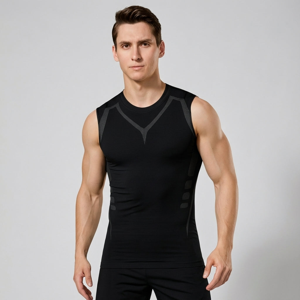 Studio shot of a red men's seamless compression tank top, a versatile piece of workout activewear