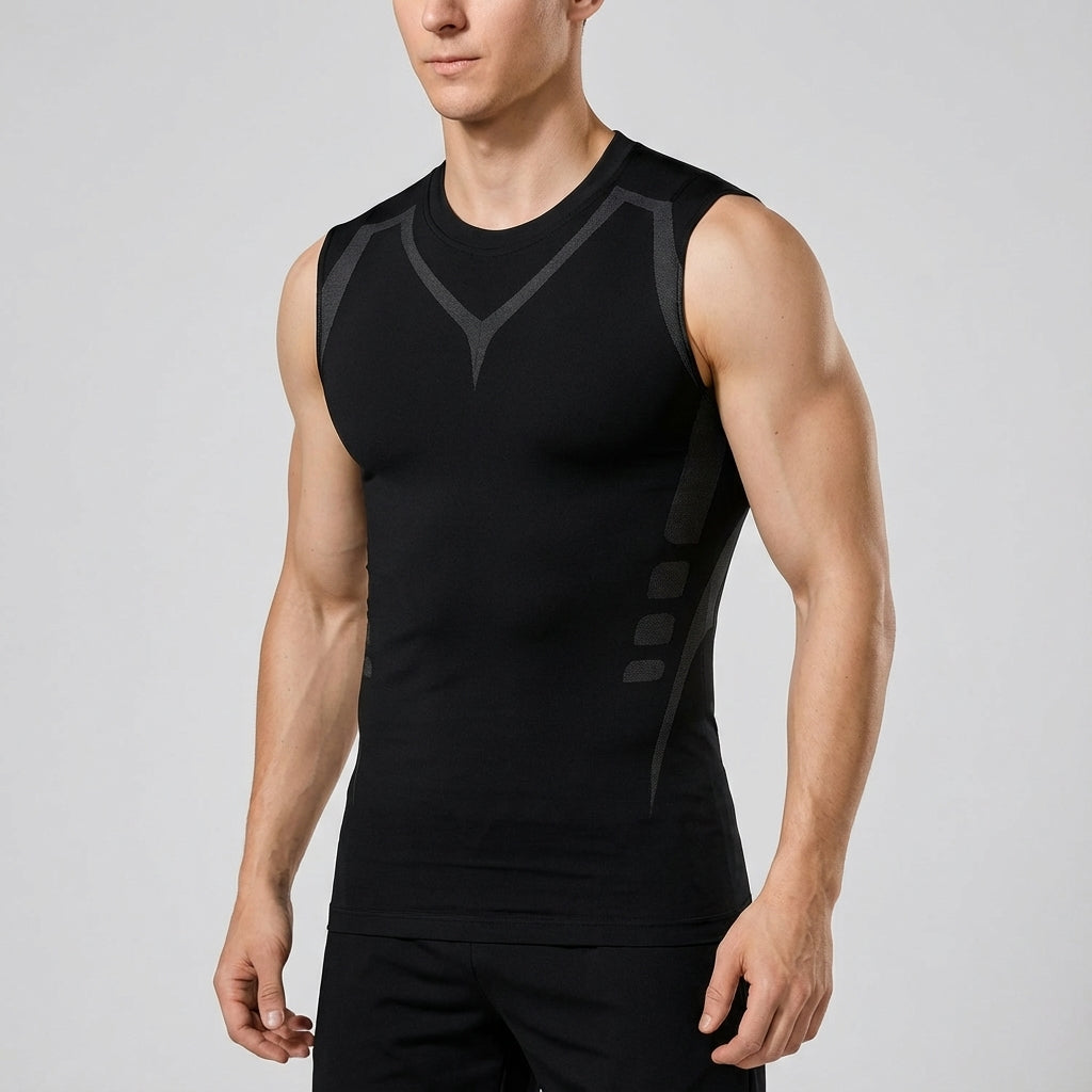 Stacked seamless compression tank tops for men in various colors: black, white, grey, and red