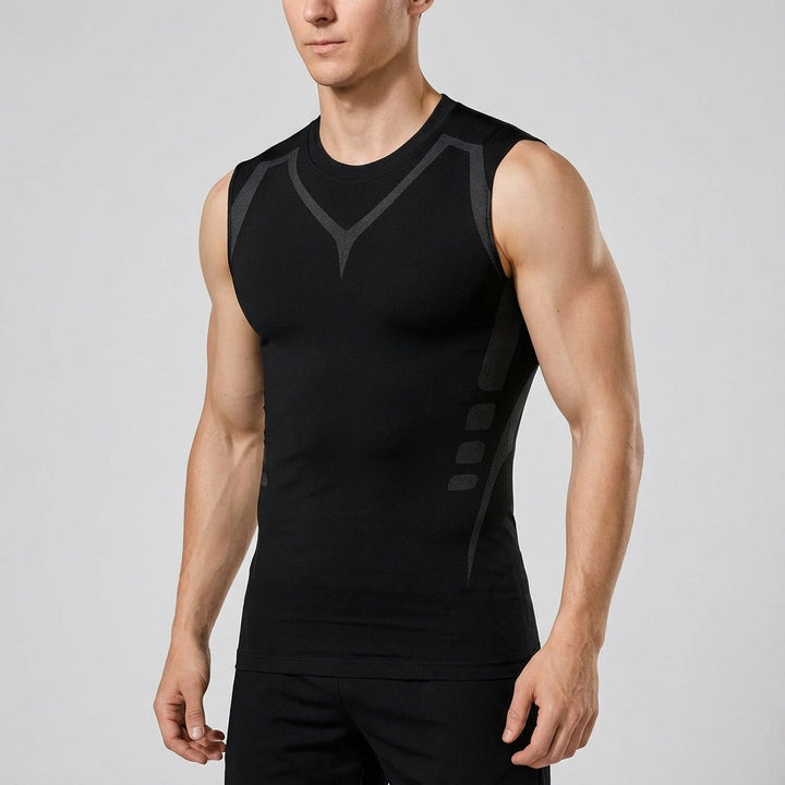 Stacked seamless compression tank tops for men in various colors: black, white, grey, and red