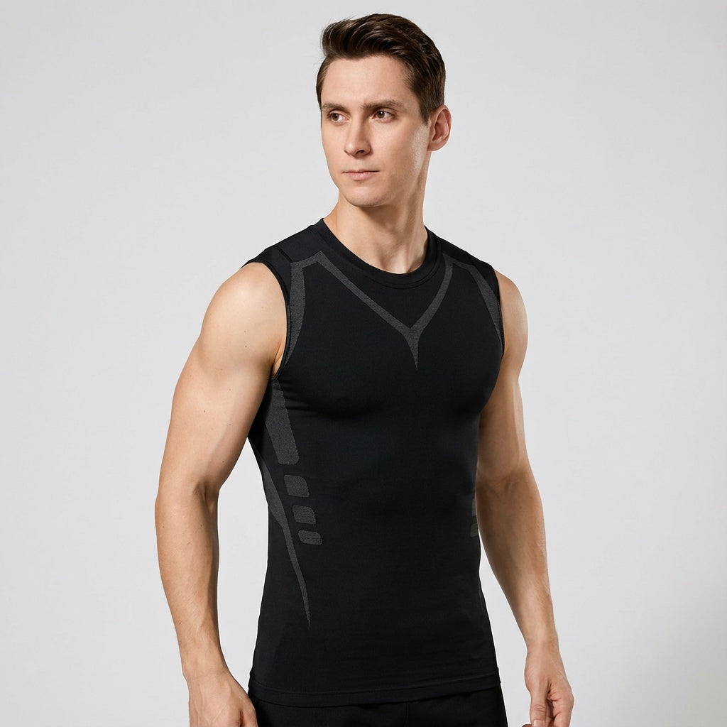 Detail of the tag on an Alfonso men's seamless compression tank top, showing brand and material