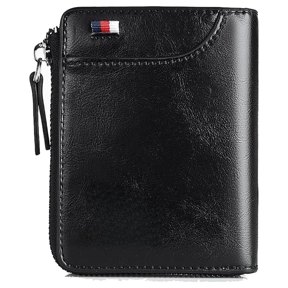 Men's secure black RFID blocking wallet, a slim multi credit card holder with zipper for protection.