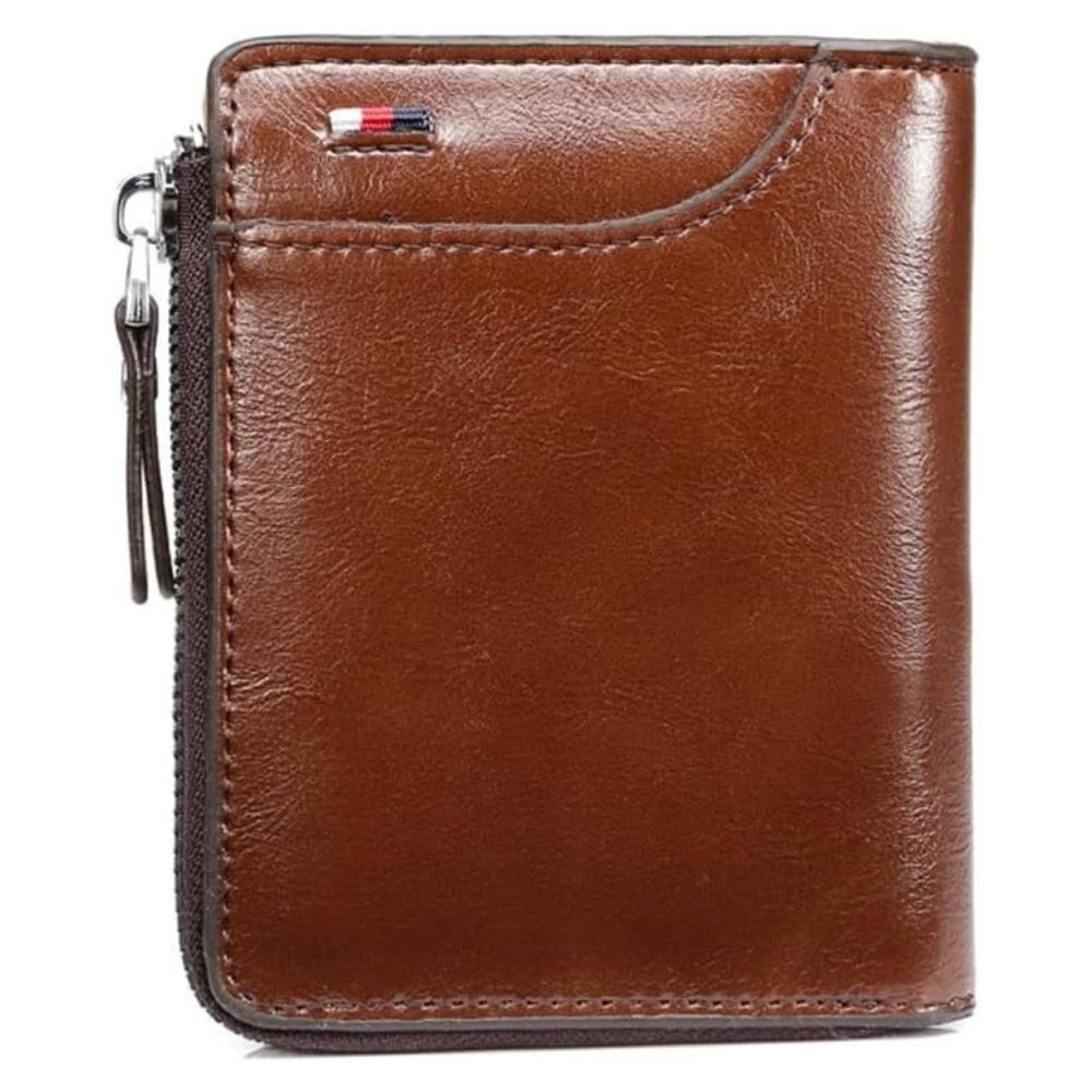 Stylish brown leather men's RFID blocking wallet with secure zipper closure & multi card slots.
