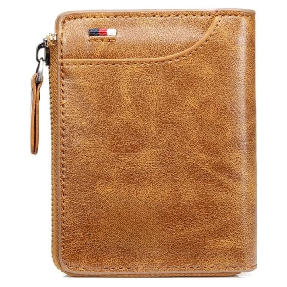 Khaki men's RFID blocking multi credit card holder wallet, a secure slim design with zipper.