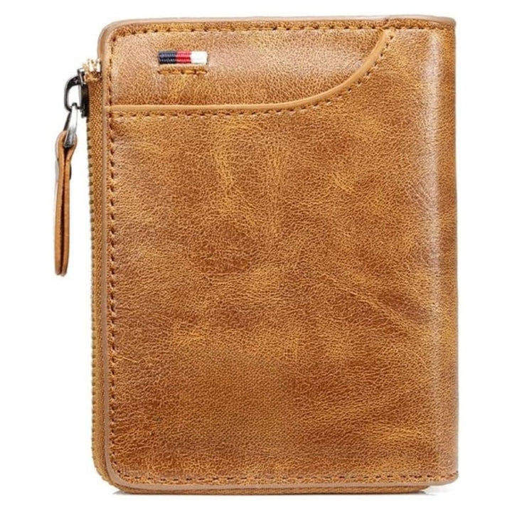 Khaki men's RFID blocking multi credit card holder wallet, a secure slim design with zipper.