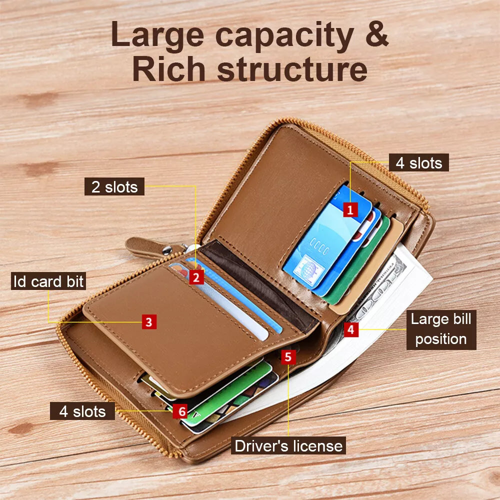 Slim men's RFID blocking wallet for multiple cards, featuring a secure zipper. Perfect in black.