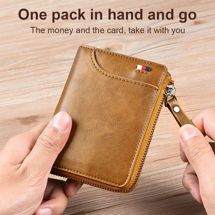 Men's RFID blocking multi card holder wallet with secure zipper, available in khaki, brown, or black.