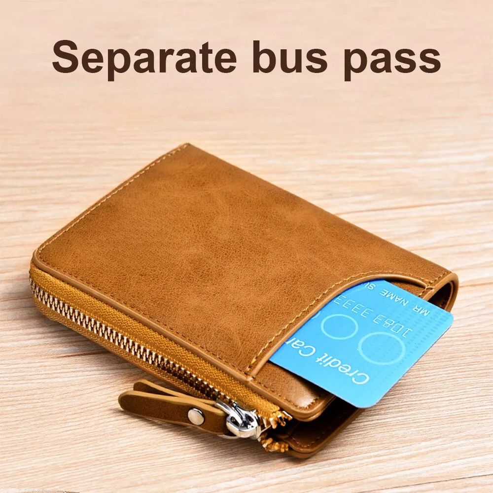 Secure men's RFID blocking slim leather wallet in brown, featuring a zipper & multi card slots.