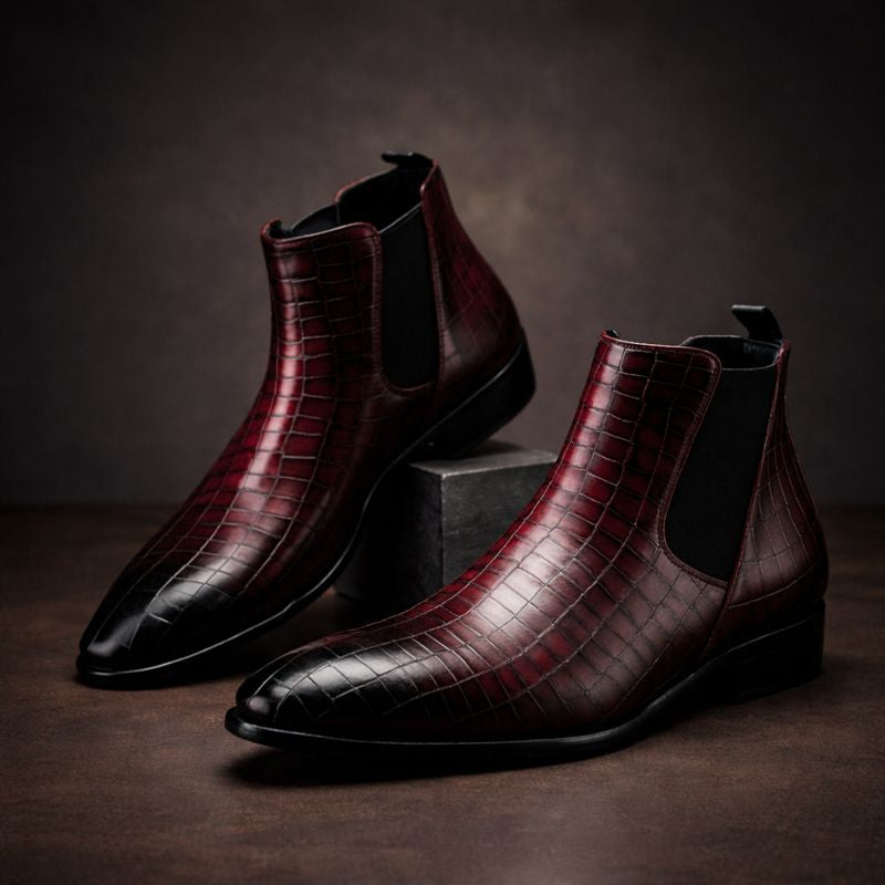Comfortable men's Sevilla Chelsea boots. Alligator embossed fashion boots, easy slip-on men's footwear.