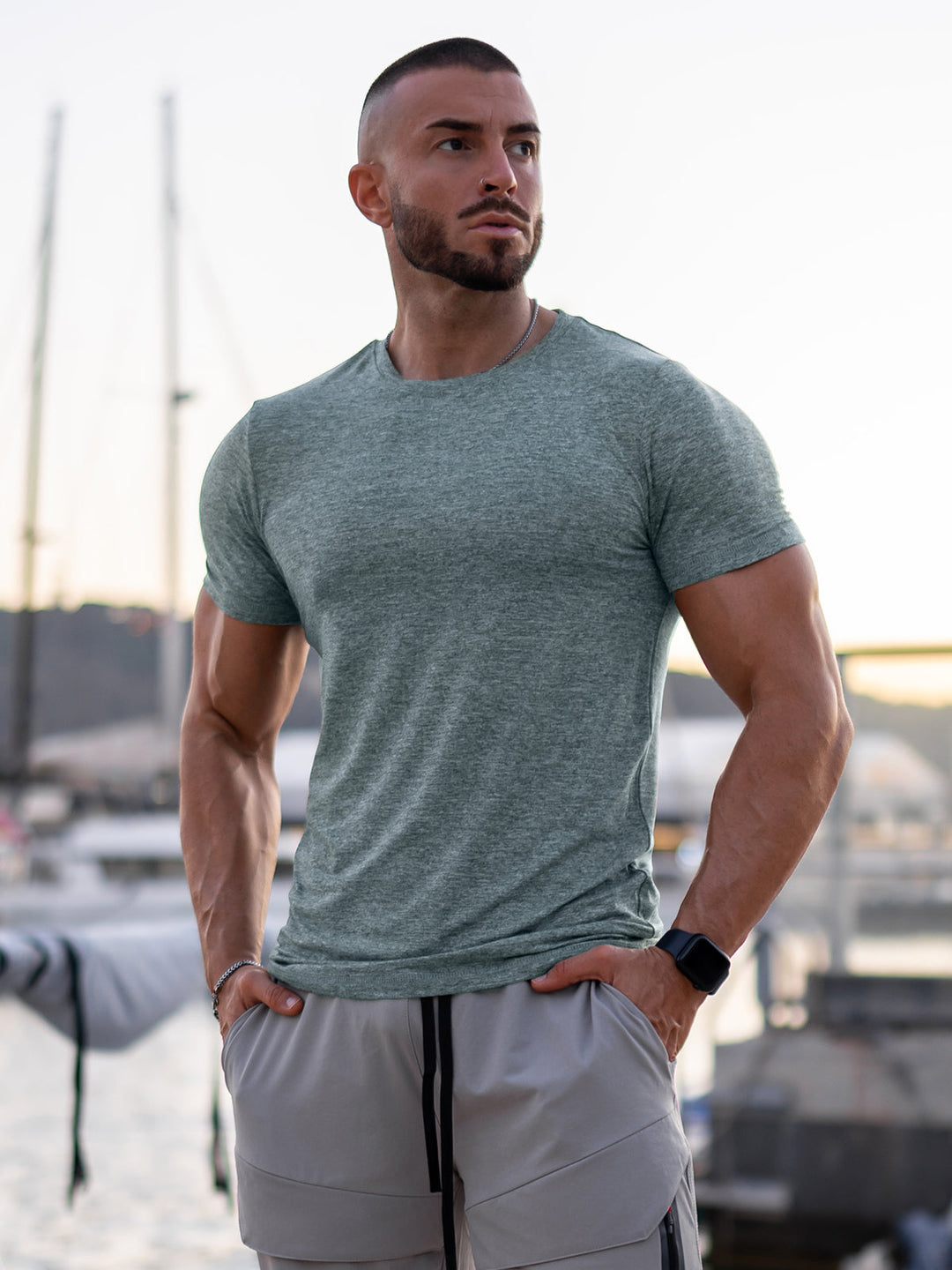 Close-up of fabric on Green Men's Sevilla Performance Tee. Performance tee for active men.