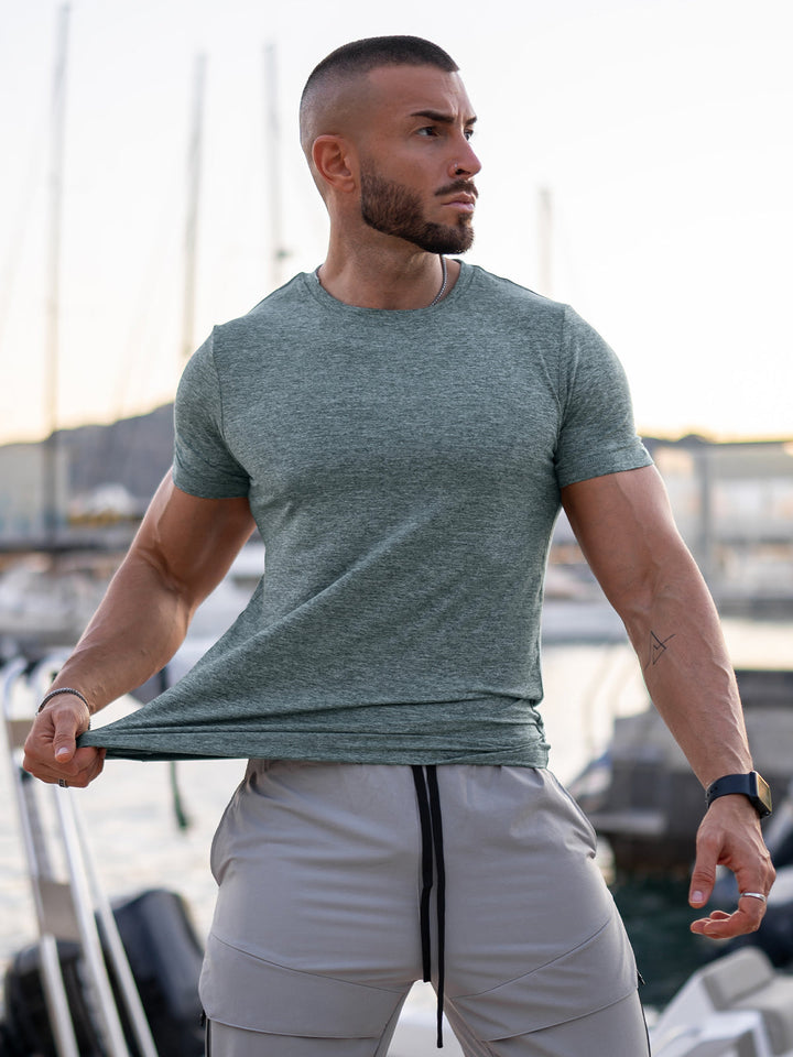 Front view of Grey Men's Sevilla Performance Tee. Modern fit activewear, everyday comfort.