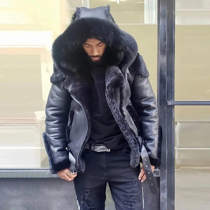 Men's sheepskin leather motorcycle jacket with a warm fur-lined hood. Ideal for winter fashion & outdoor wear.
