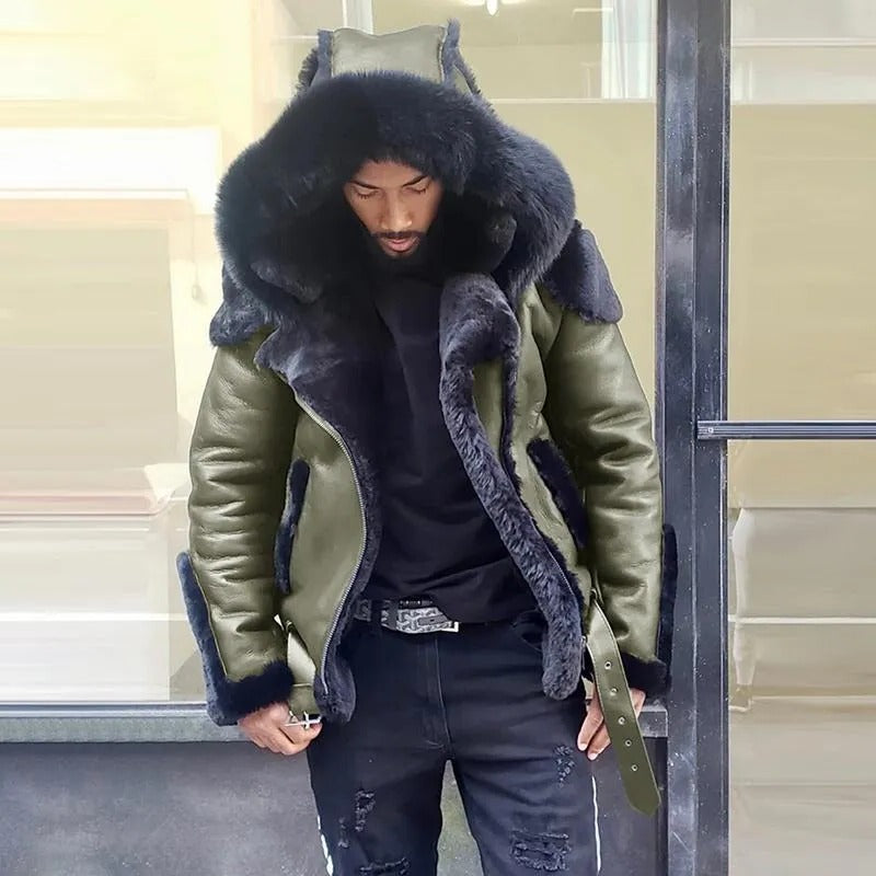 Stylish men's hooded sheepskin leather jacket. Versatile for winter casual wear, motorcycle riding, & fall attire.
