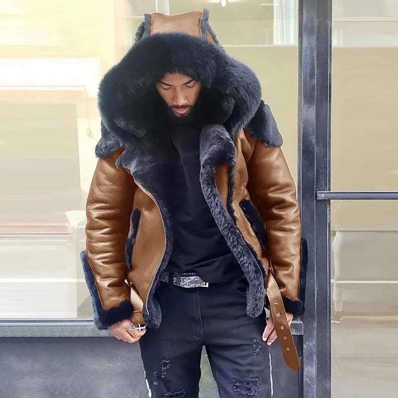 Water-resistant men's sheepskin leather jacket with a cozy fur hood. Perfect winter motorcycle coat for cold weather.