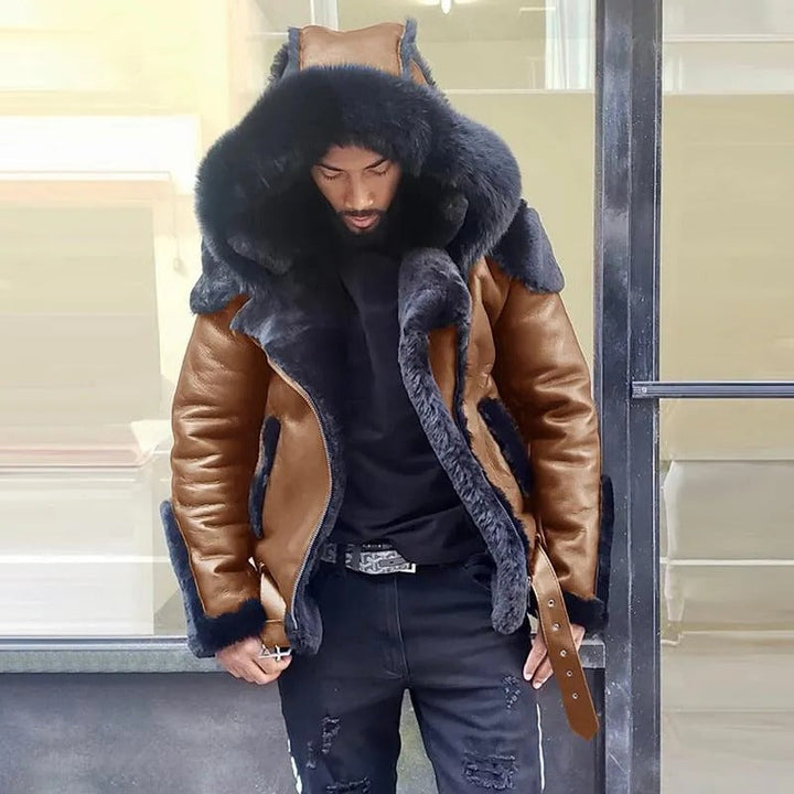 Water-resistant men's sheepskin leather jacket with a cozy fur hood. Perfect winter motorcycle coat for cold weather.
