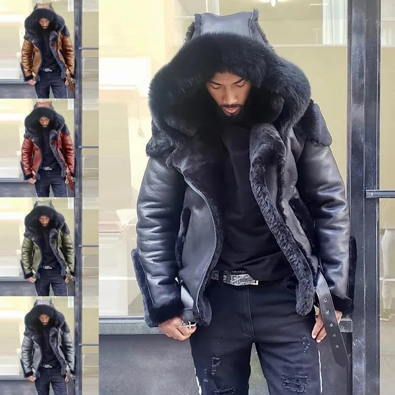 Durable men's winter motorcycle jacket. Premium sheepskin leather & fur hood for biking or daily cold weather wear.