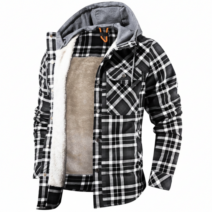 Men's Sherpa-Lined Hooded Jacket in black, offering ultimate warmth & casual style for winter.