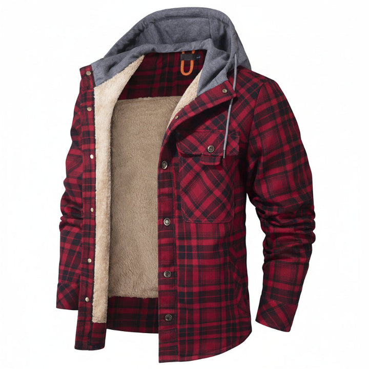 Modern men's casual jacket, sherpa-lined with a hood, perfect for stylish winter layering.