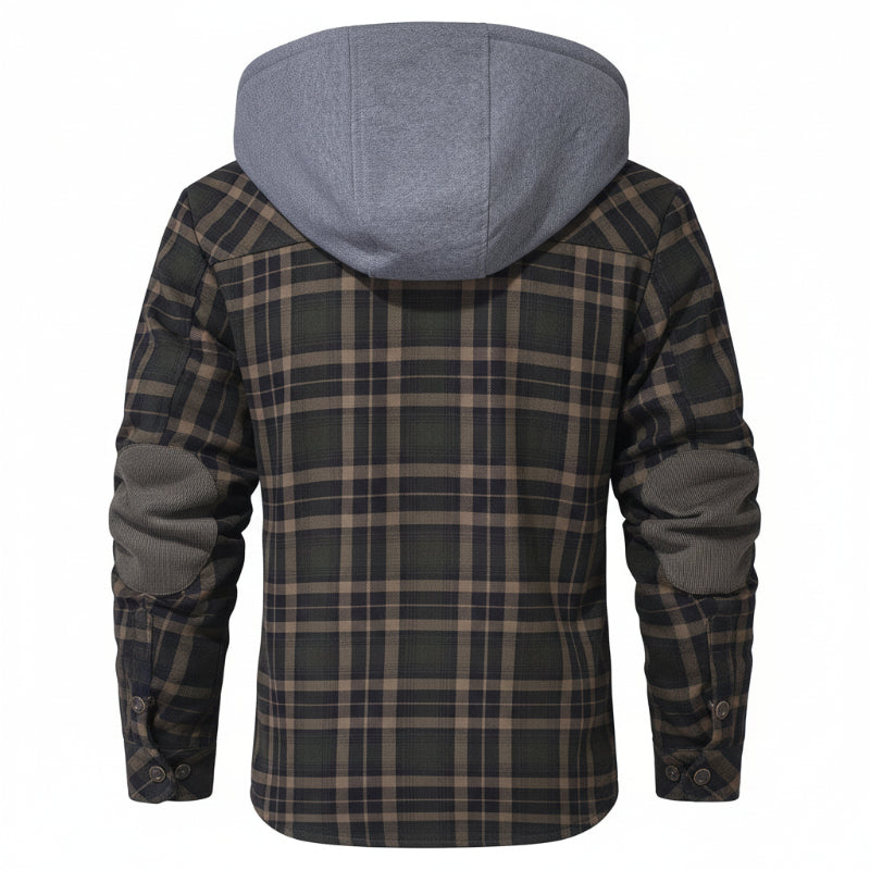 Back view of a dark blue men's sherpa-lined hooded jacket, emphasizing its winter design.