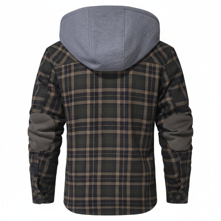 Back view of a dark blue men's sherpa-lined hooded jacket, emphasizing its winter design.