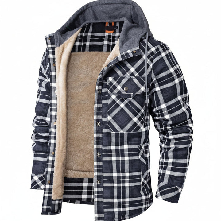 Stylish men's hooded jacket with soft sherpa lining, perfect for cold weather & fall fashion.