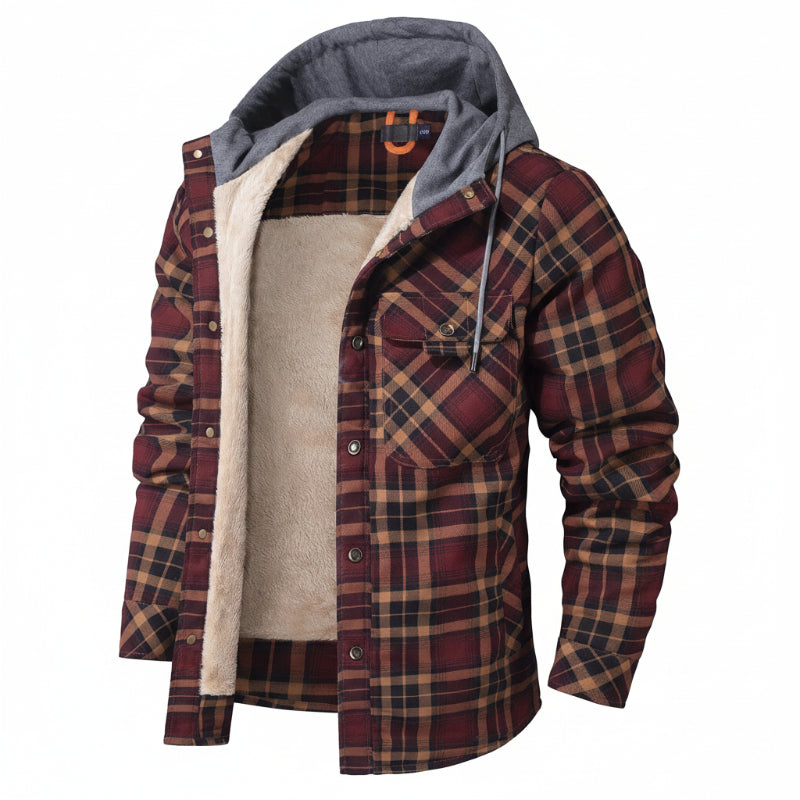 Cozy men's everyday casual jacket, sherpa-lined and hooded, ideal for fall and winter.