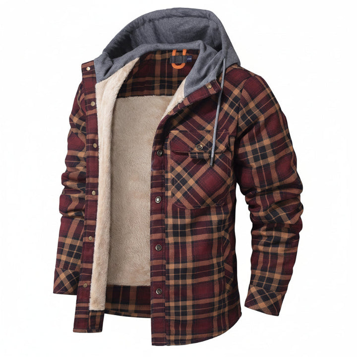 Cozy men's everyday casual jacket, sherpa-lined and hooded, ideal for fall and winter.