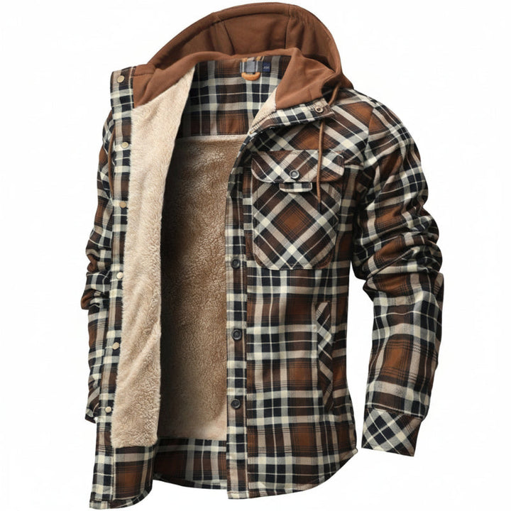 Front view of a dark gray men's sherpa-lined hooded jacket, designed for warmth and style.