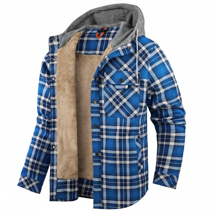 Side view of a men's stylish sherpa-lined hooded jacket, warm outerwear for ultimate comfort.