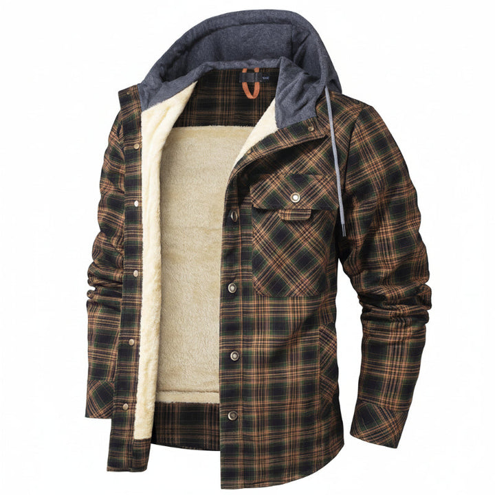 Men's fall fashion: a versatile sherpa-lined hooded jacket, great for casual everyday wear.