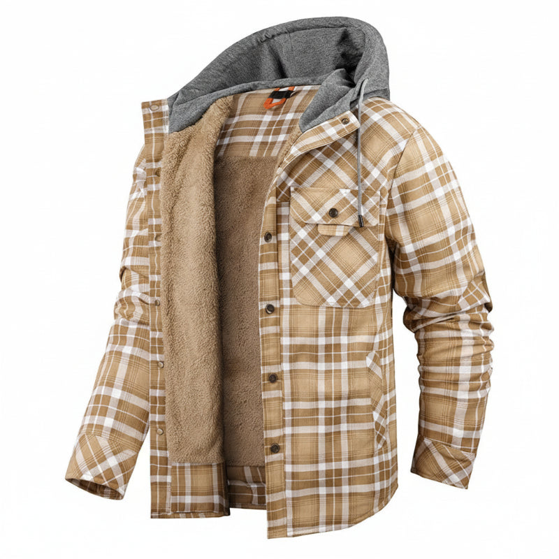 Durable men's hooded sherpa jacket, ultimate warmth and comfort for cold weather activities.